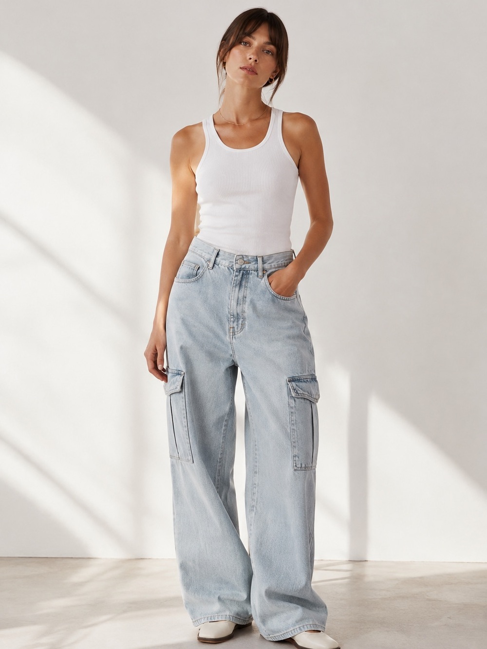 Agolde Light Wash Wide Leg Cargo Jeans